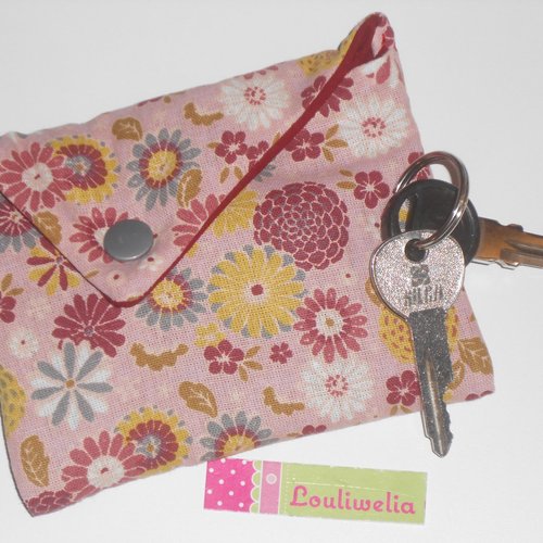 Etui porte clés pochette housse de rangement clefs en tissu vieux rose à fleurs