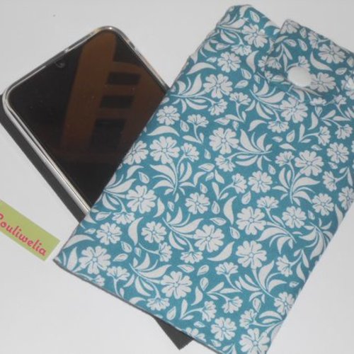 Pochette housse smartphone étui de rangement téléphone portable tissu vert canard imprimé fleurs blanches