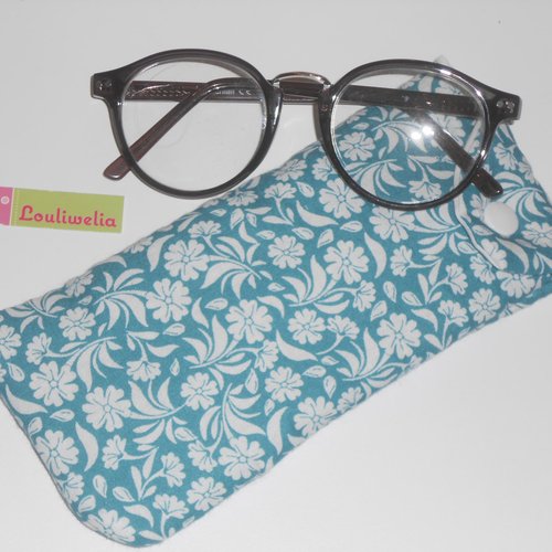 Pochette lunettes étui rangement en tissu vert canard imprimé fleurs blanches zazie