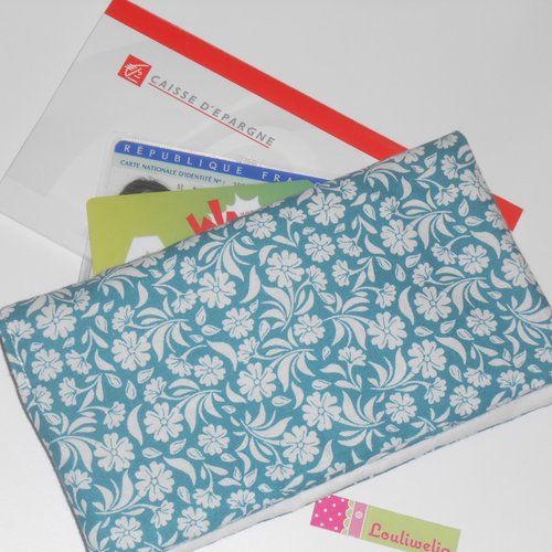 Porte chéquier cartes en tissus housse protège carnet de chèques vert canard fleurs blanches