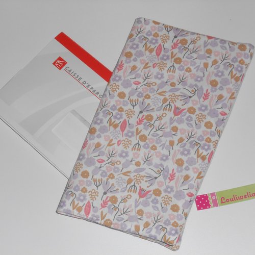 Porte chéquier cartes en tissus housse protège carnet de chèques blanc fleurs mauve