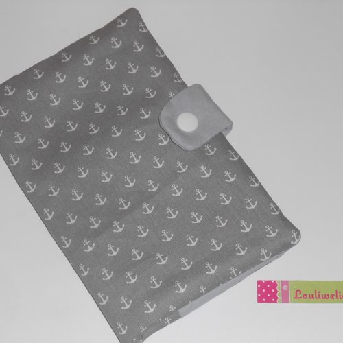 Pochette médicale porte ordonnance pharmacie carte vitale en tissu gris imprimé ancres de marine perla