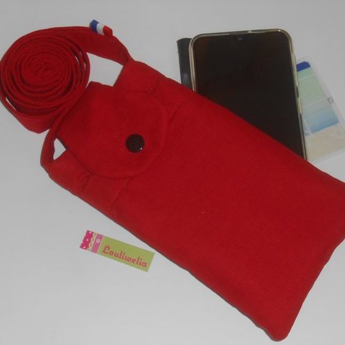 Pochette smartphone bandoulière housse étui de rangement téléphone portable rouge uni