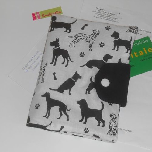 Pochette médicale porte ordonnance pharmacie carte vitale en tissu blanc imprimé chiens