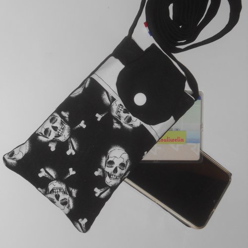 Pochette smartphone bandoulière housse étui de rangement téléphone portable noir et blanc têtes de mort skull