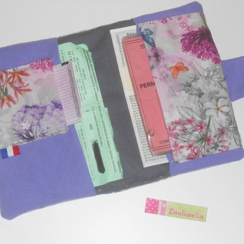 Pochette papier voiture véhicule rangement carte grise assurance permis de conduire tissu gris papillons et fleurs buccoliques estelle