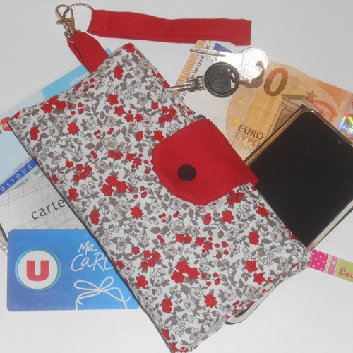 Pochette portefeuille avec dragonne poignet portefeuille rangement smatphone carte identité bleue clés tickets resto tissu rouge fleurs