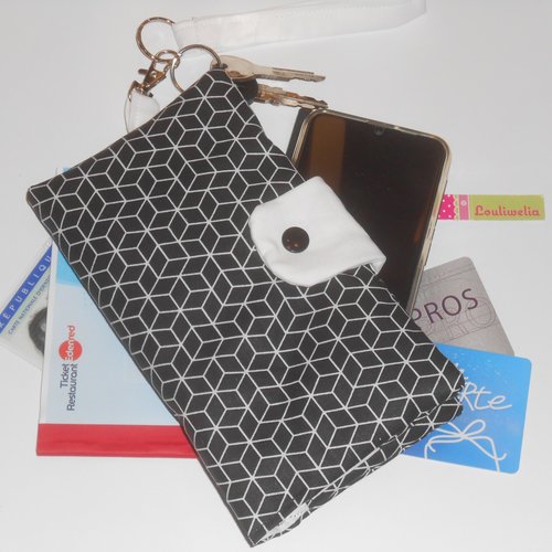 Pochette portefeuille avec dragonne poignet rangement smatphone carte identité bleue clés tickets resto tissu graphique noir et blanc