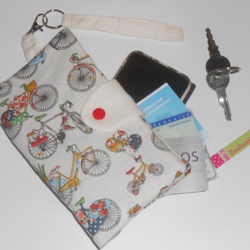 Pochette portefeuille avec dragonne poignet rangement smatphone carte identité bleue clés tickets resto écru vélo bicyclette diana