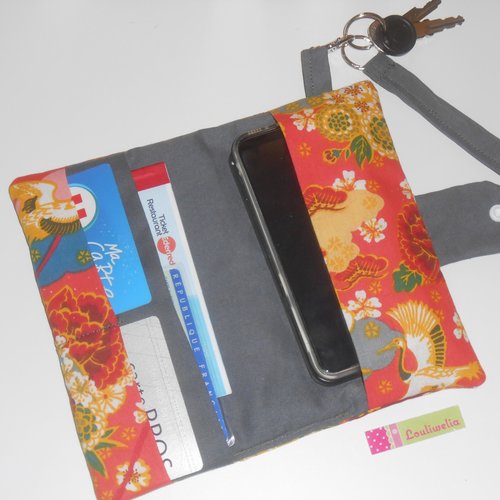 Pochette portefeuille avec dragonne poignet rangement smatphone carte identité bleue clés tickets resto tissu japonnais orange