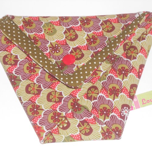 Pochette multiusage / trousse de rangement originale et toute mignonne ou emballage cadeau tissu vert kaki rouge fleurs japonnaises