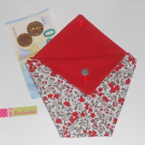 Pochette multiusage / trousse de rangement originale et toute mignonne ou emballage cadeau tissu écru imprimé petites fleurs rouge gris