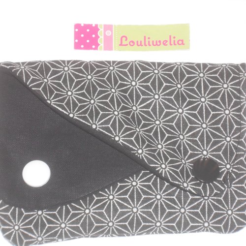 Porte monnaie porte cartes double compartiments forme originale en tissu noir blanc fleurs géométriques japonaises