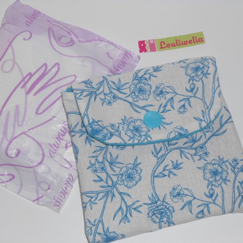 Pochette serviettes hygiéniques rangement housse trousse étui en tissu écru fleurs oiseaux