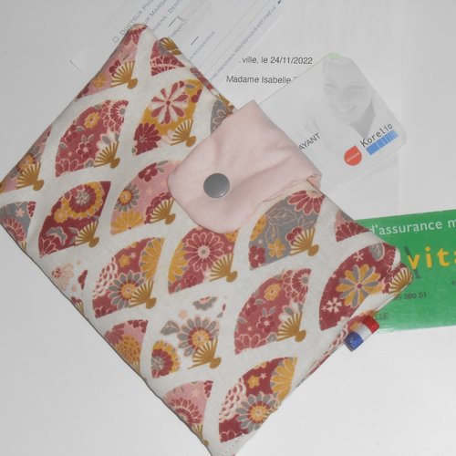 Pochette médicale porte ordonnance pharmacie carte vitale en tissu écru imprimé éventails japonais