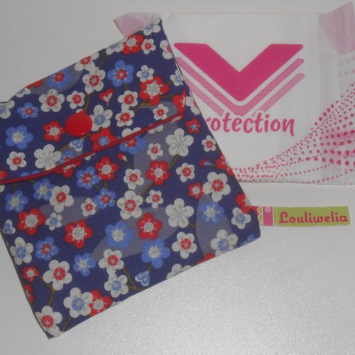 Pochette serviettes hygiéniques rangement housse trousse étui en tissu marine imprimé petites fleurs