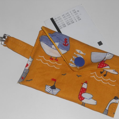 Carte bus etui / pochette pour titre transport carte bleue sur porte clés mousqueton en tissu fait main mouettes jaune marie