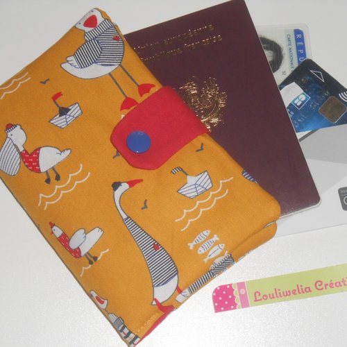 Pochette passeport voyages rangement étui en tissu beige imprimé mouettes bretagne océan