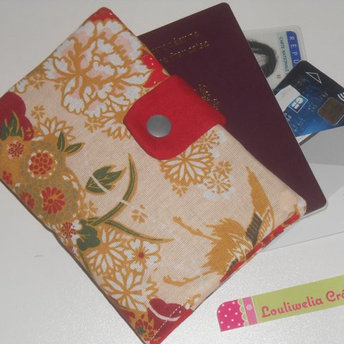 Pochette passeport voyages rangement étui en tissu beige saumon imprimé fleurs japonaises