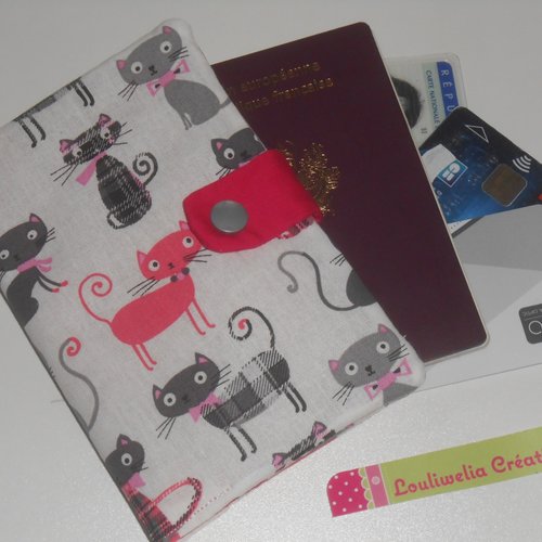 Pochette passeport voyages rangement étui en tissu blanc imprimé chats burlington