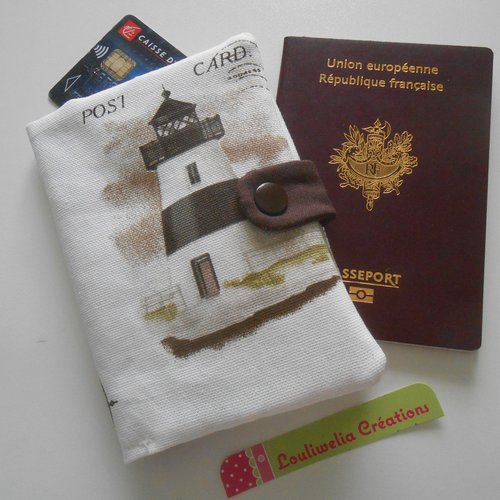 Pochette passeport voyages rangement étui en tissu écru imprimé phare bretagne