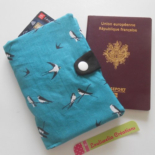 Pochette passeport voyages rangement étui en tissu vert imprimé hirondelles