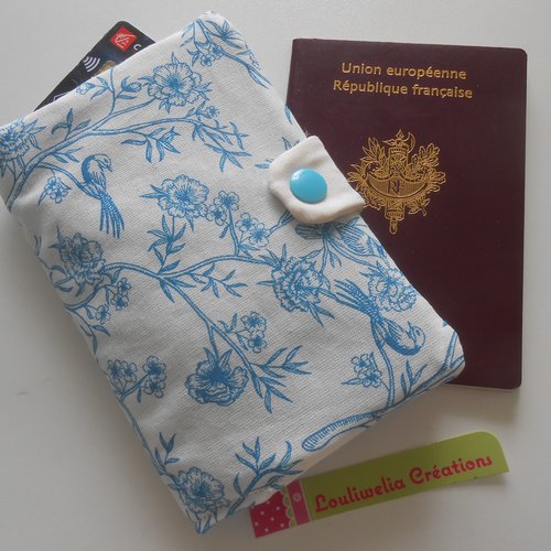 Pochette passeport voyages rangement étui en tissu écru imprimé fleurs oiseaux turquoise