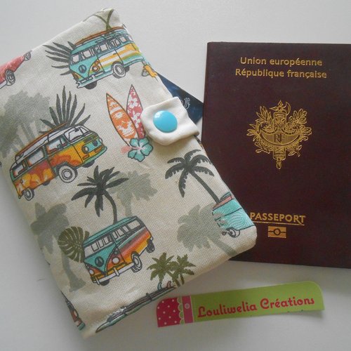 Pochette passeport voyages rangement étui en tissu écru imprimé van hippie vw