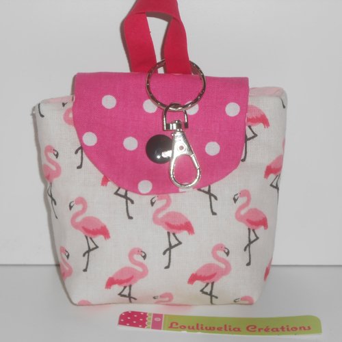 Mini sac porte clés chargeur téléphone ou huiles essentielles ou autres pochette en tissu écru imprimé flamants roses