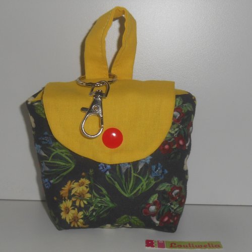 Mini sac porte clés chargeur téléphone ou huiles essentielles ou autres pochette en tissu gris antracite et fleurs dorine
