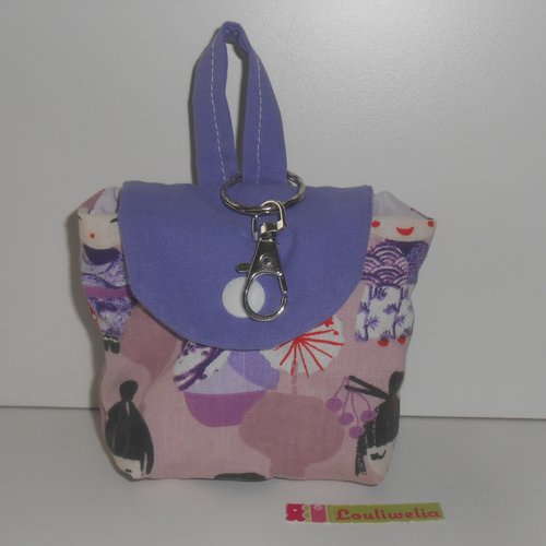 Mini sac porte clés chargeur téléphone ou huiles essentielles ou autres pochette en tissu mauve geisha japonaises dorine