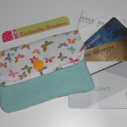 Carte bleue pochette étui rangement tickets de carte bleue / caisse et cartes magnétiques tissu blanc papillons vert camille