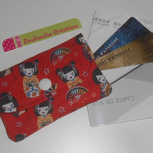 Carte bleue pochette étui rangement tickets de carte bleue / caisse et cartes magnétiques tissu rouge kokeshi poupées japonaises camille
