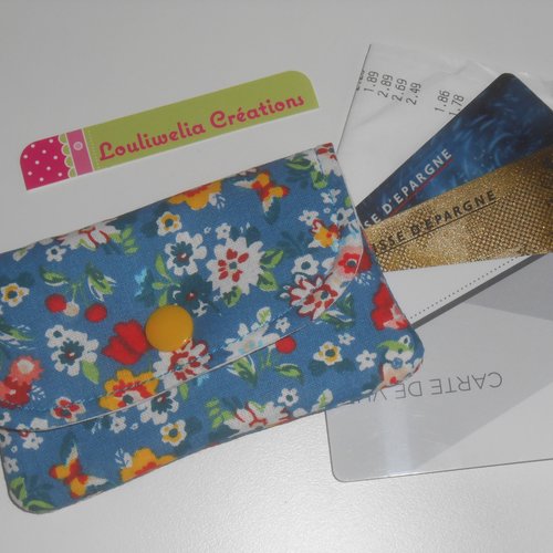 Carte bleue pochette étui rangement tickets de carte bleue / caisse et cartes magnétiques tissu bleu petites fleurs camille