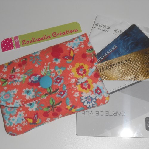 Carte bleue pochette étui rangement tickets de carte bleue / caisse et cartes magnétiques tissu corail  petites fleurs camille