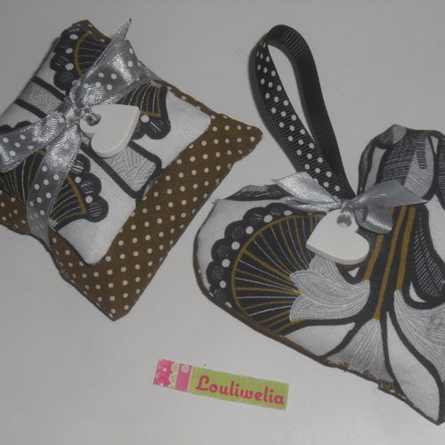 Deco duo de 2 petites créations un coeur à suspendre et un lot de coussins à poser vintage rétro blanc kaki gris