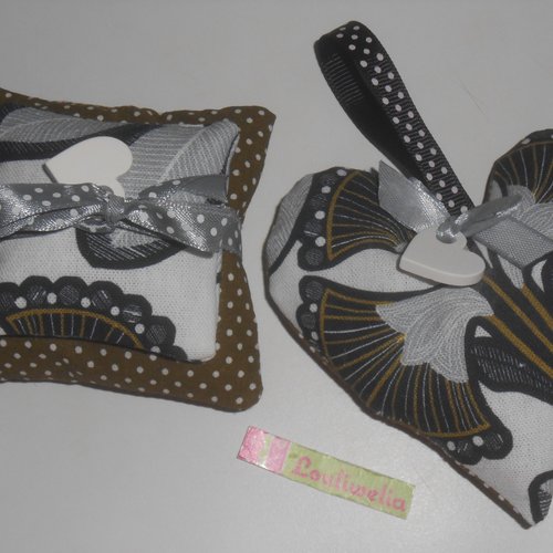 Deco duo de 2 petites créations un coeur à suspendre et un lot de coussins à poser vintage rétro blanc kaki gris