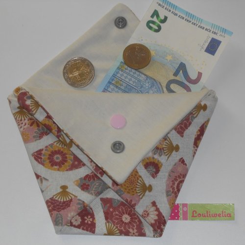 Pochette multiusage / trousse de rangement porte monnaie ou emballage cadeau tissu écru imprimé éventails gaia