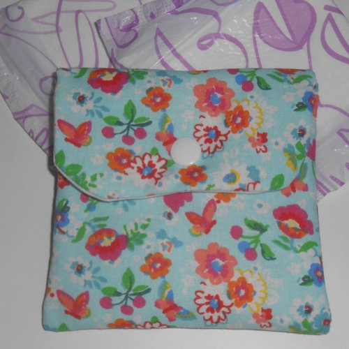 Pochette serviettes hygiéniques rangement housse trousse étui en tissu vert/bleu d'eau fleurs rosy