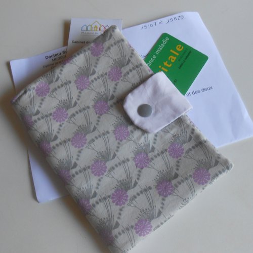 Pochette médicale porte ordonnance pharmacie carte vitale en tissu gris imprimé fleurs mauve perla