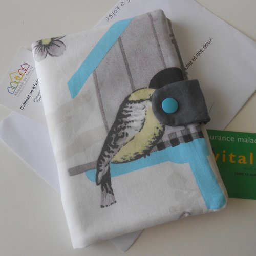 Pochette médicale porte ordonnance pharmacie carte vitale en tissu blanc/écru imprimé oiseau perla