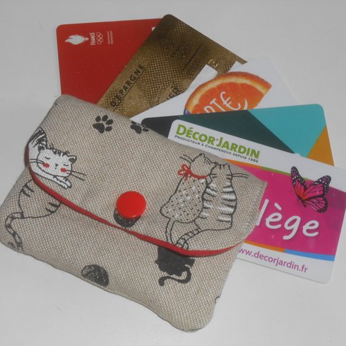 Carte bleue pochette étui rangement tickets de carte bleue / caisse et cartes magnétiques tissu beige rouge chats camille
