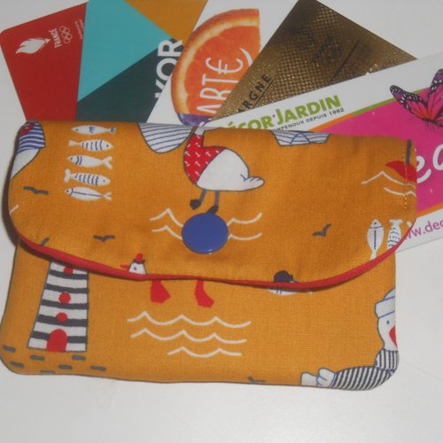 Carte bleue pochette étui rangement tickets de carte bleue / caisse et cartes magnétiques tissu jaune curry imprimé mouettes camille