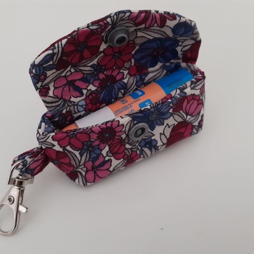 Etui tube baume à lèvres rouge à lèvres pochette rangement porte clés tissu écru violet fleurs lola