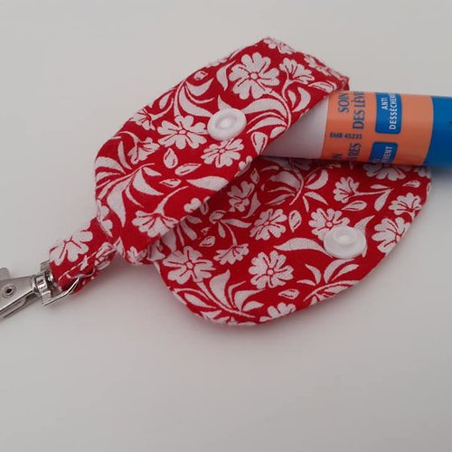 Etui tube baume à lèvres rouge à lèvres pochette rangement porte clés tissu écru rouge fleurs lola