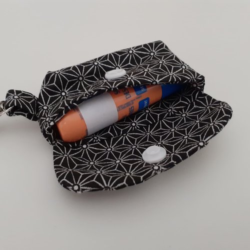 Etui tube baume à lèvres rouge à lèvres pochette rangement porte clés tissu noir fleurs japonaises lola