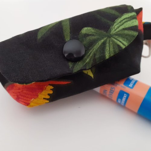 Etui tube baume à lèvres rouge à lèvres pochette rangement porte clés tissu noir feuillage lola