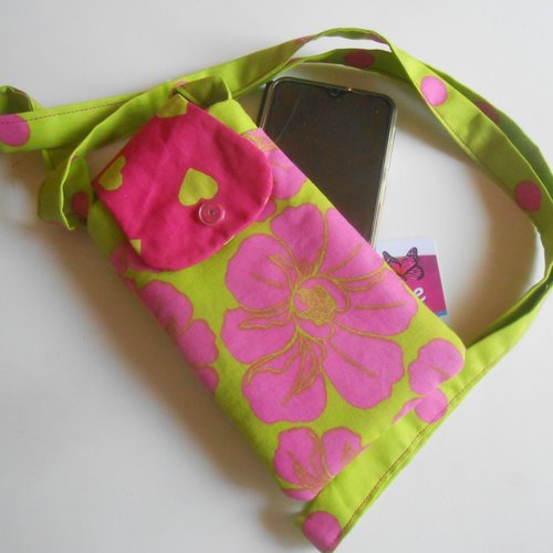 Pochette smartphone bandoulière housse étui de rangement téléphone portable vert fushia sonia