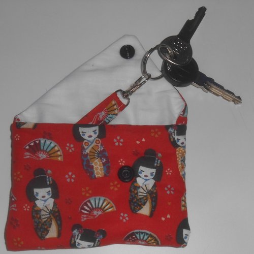 Etui porte clés pochette housse de rangement clefs bip porte tissu rouge japon kokeshi oana