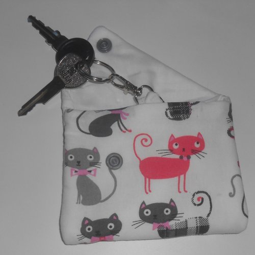 Etui porte clés pochette housse de rangement clefs bip porte en tissu blanc chats oana